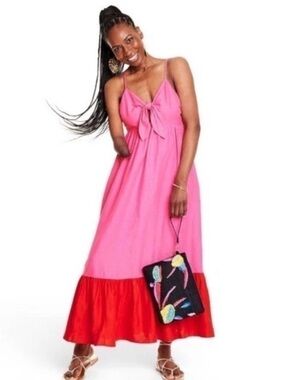Tabitha Brown Target Pink Red Colorblock Ruffle Hem Maxi Dress Womens S New